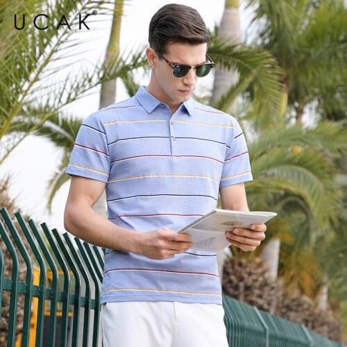 UCAK Brand Streetwear Short Sleeve Striped T-Shirts Men Clothing Summer New Tops Turn-Down Collar Casual T Shirt Homme U5401