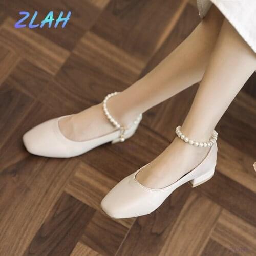 All-match Womens High Heels Zlah British Style Modis Casual Womens Sneakers Pearl Decoration Low Heels Square Toe High Heels