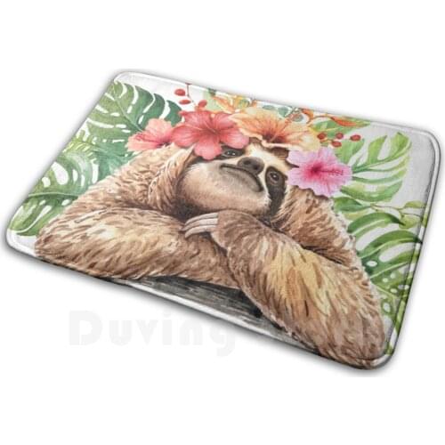 Watercolor Sloth Pattern Watercolor Flower Tropical Drawing , Hello Summer Mat Rug Carpet Anti-Slip Floor Mats Bedroom