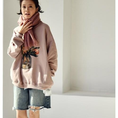 MICOCO R6399C Gentle age reduction large version of loose half high collar plus velvet print Sweatshirts women autumn and winter