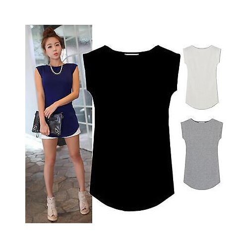 Hirigin 2018 Hot Sale Women T-shirts Sleeveless Solid O-neck Round Side Casual Tees Tops One Size Black White Gray Blue Clothing