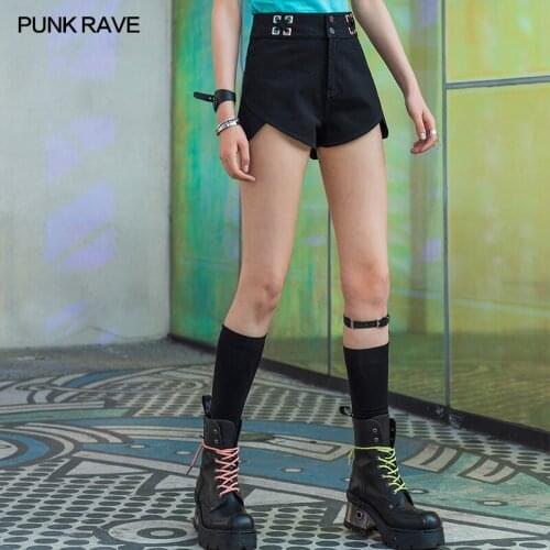 PUNK RAVE Womens Punk Style Sphinx Cat Skull Pocket Embroidered Corn-eyed Shorts Girl Tight Sexy Black Denim Mini Short
