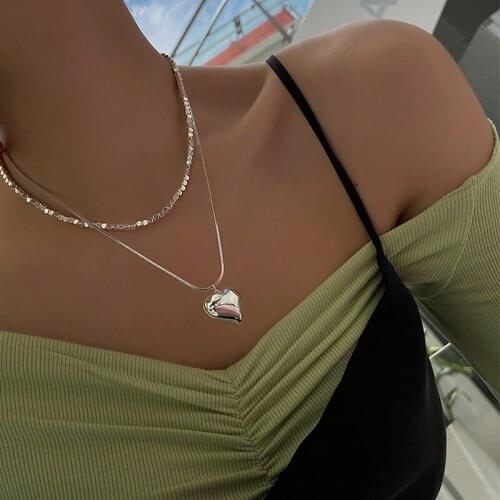 VSnow Creative Double-Layer Love Heart Faux Pearl Beaded Pendant Necklace for Women Shining Metal Cube Party Necklace Jewellery