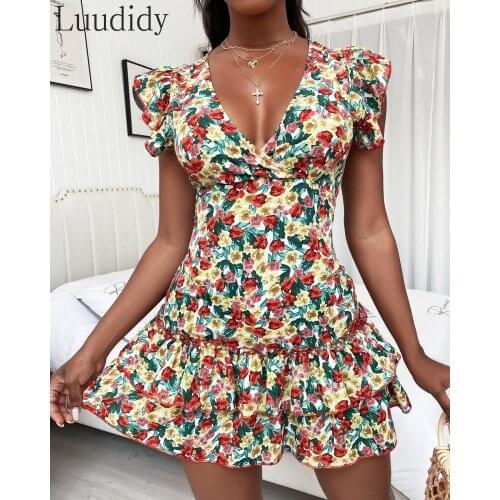 Women Deep V Neck Sleeveless Print Mini Dress