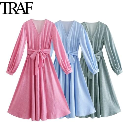 Traf Za Women Clothing Korean Fashion Bow Bandage Dress V-neck Long Dress Vintage Dot Maxi Dress Female Robe Vestido De Mujer