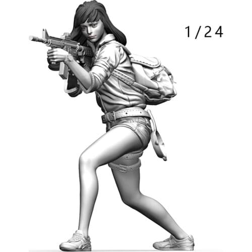 1/24 Resin Model figure GK AK Female Gunner Two heads Girl in action Unassembled and unpainted kit