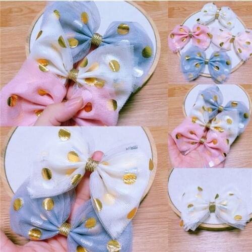 10pcs/lot 10cm DIY Handmade Gilded Polka Dot mesh bow DIY manual bow Padded Patches Appliques For Clothes Sewing Supplies