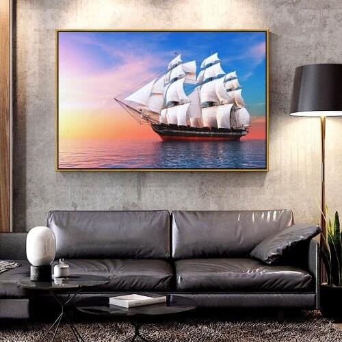 Artcozy Oil Canvas Painting ship_watercrafts_sea_ocean_boats_sky_clouds_sailing For Home Decoration Wall Art