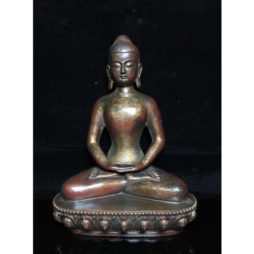 Home Decor 11" Tibet Buddhism Temple Old Bronze Cinnabars Shakyamuni Buddha Statue Amitabha Enshrine the Buddha