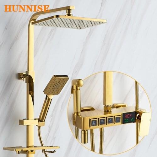 Bathroom Shower Set HUNNISE Gold Digital Shower System Faucets 12 Inch Rainfall Shower Head Thermostatic Bath Shower Mixer Set