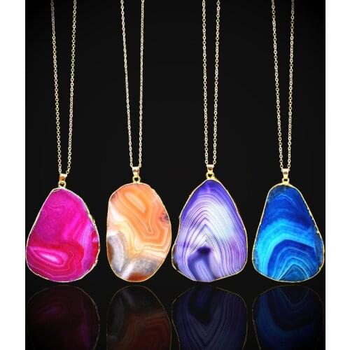 Geode Slice Mineral Crystals Jewelry Pendants Necklace Girls Women Clavicle Chain Colorful Polished Stone Metal Edging Irregular