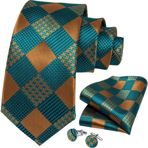 Men Ties Fashion Teal Green Gold Plaid Necktie Silk Ties For Men 8cm Business Wedding Party Tie Pocket Square Cufflinks DiBanGu