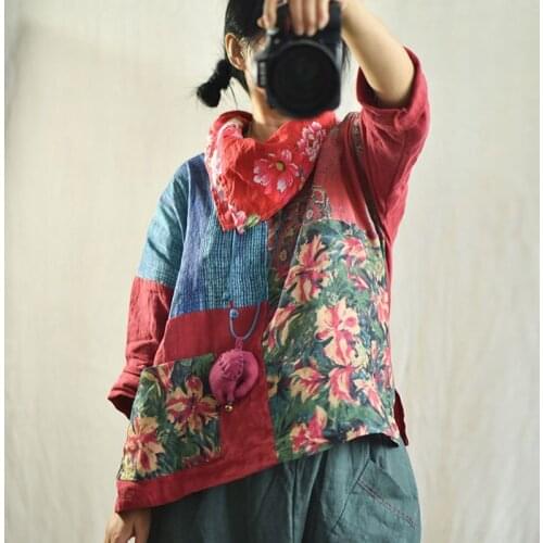 Johnature 2021 Autumn New Cotton Linen Retro Patchwork Print Shirt Loose Leisure O-neck Plate Buckle Fashion All-match Women Top