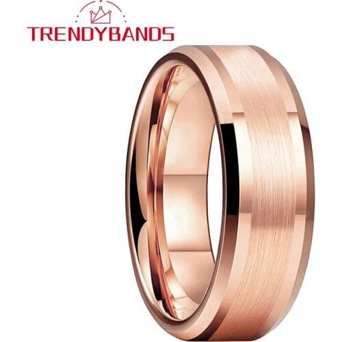 8MM Men Women Wedding Band Rose Gold Tungsten Ring With Polished Brushed Finish Beveled Edges Comfort Fit