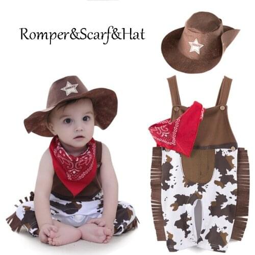 Baby Romper Infant Baby Boy Cowboy Outfit Set Dresses Romper Dick cowboy hat + saliva towel Formal Suit 3pcs