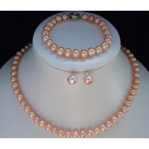 Wholesale price 16new ^^^^ Natural Pearls 7-8mm Pink Akoya Pearl Necklace Bracelet Earring Jewelry Sets