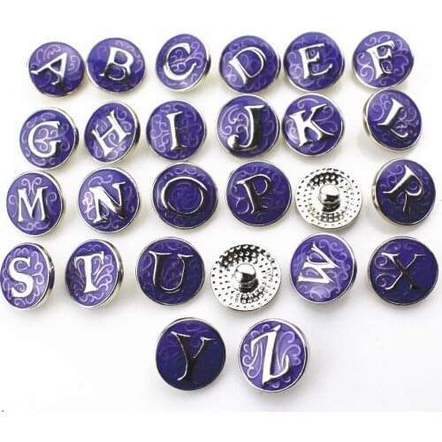 Hot selling 52pcs/lot purple alphabet A-Z letter snap button charms for alloy snaps bracelets/pendant fit button jewelry