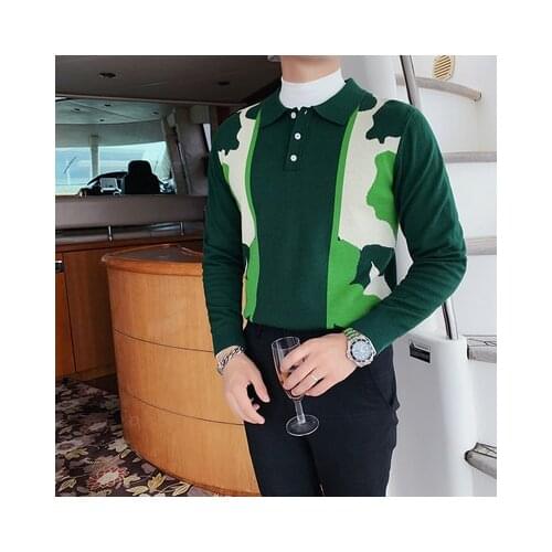 Men Lapel Knitted Polo Shirt Long Sleeve Casual Shirts Green White Contrast Color Camouflage Polera Hombre Autumn 2021