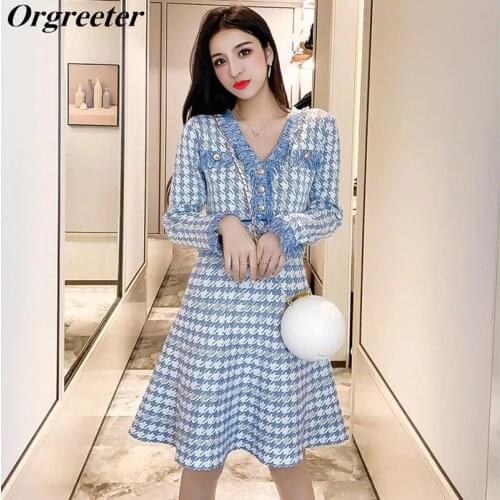 Spring Fall Houndstooth Tassel Trim Sweater Dress Women 2019 New Fashion Long Sleeve V-neck Casual Button Knit Dresses Vestidos