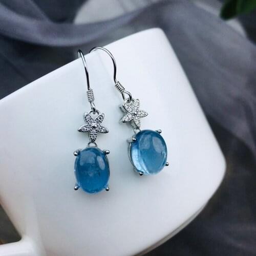 Natural Aquamarine Drop Earrings for Women Top Quality S925 Sterling Silver Oval Eardrops Party Gifts Fine Jewelry