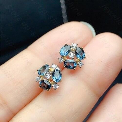 New natural blue topaz earrings, 925 silver womens earrings, luxurious and elegant design highlights feminine charm