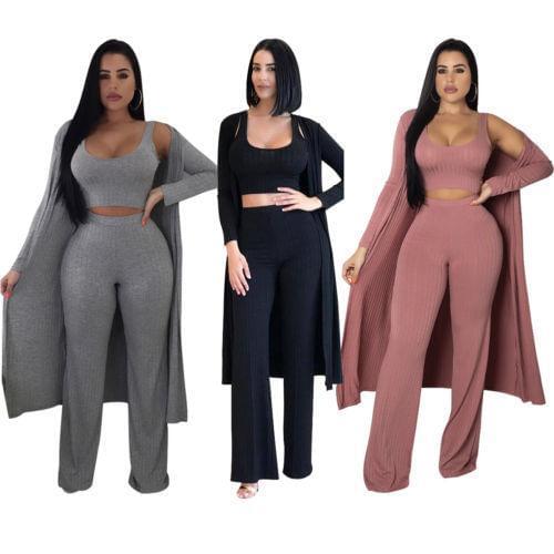 Autumn Fashion 3Pcs Women Lady Solid Cloak & Crop top & Pants Sets Sport Wear Suit