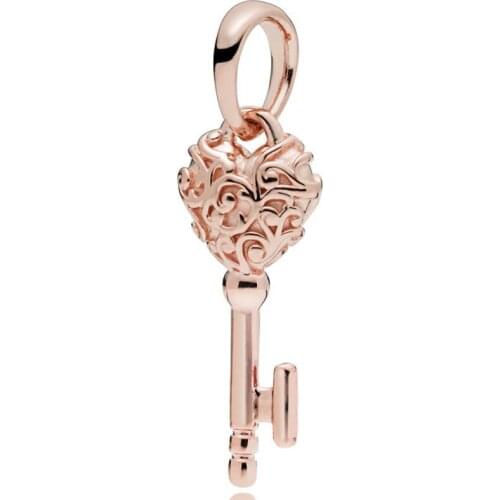 Genuine 925 Sterling Silver Bead Charm Rose Gold Lacework Love Heart Regal Key Pendant Fit fashion Bracelet & Necklace Jewelry