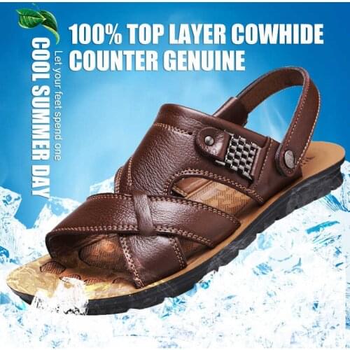Large size 47 mens leather beach shoes sandals summer cowhide mens shoes slippers soft bottom Roman outdoor driving shoes