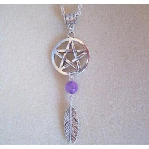 Vintage Pentagram & Moon Goddess Feather Dreamcatcher Purple beads Pendant Charm Amulet Chain Necklace Wicca Pagan Jewelry Gift