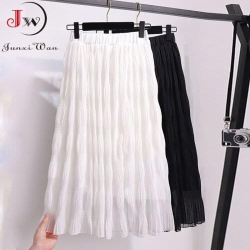 Women Summer Chiffon Skirt Girls Solid White Black High Waist Elegant Office Ladies Pleated Midi Skirt Beach Saia Faldas