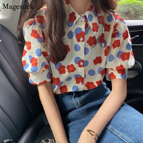 Chic Print Button Up Women Shirts 2021 Summer Blouses Vintage Elegant Korean Shirt Fashion Puff Sleeve Ladies Tops Blusas 15791