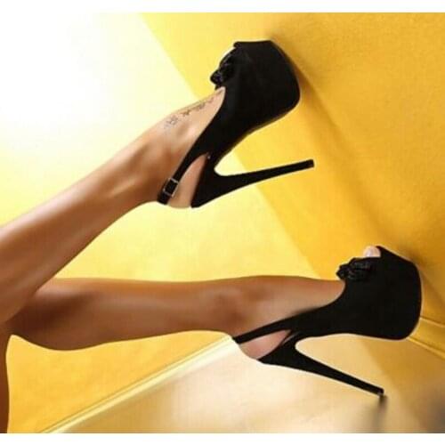 Peep toe black women sandals Bowtie platform pumps ankle buckle strap party shoes woman 16cm stiletto heels big size 10