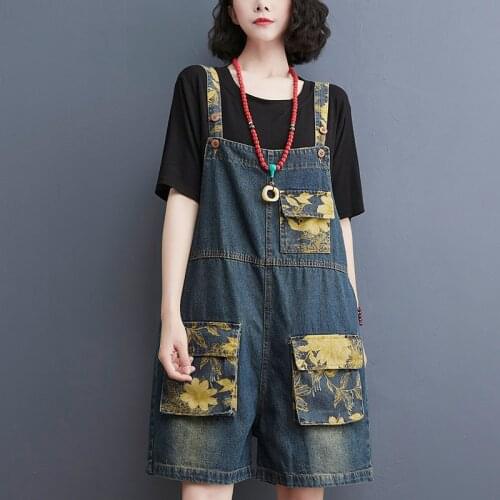 Johnature Women Denim Braces Shorts Print Floral Pocket Button Casual Strap Jeans 2021 Summer New Thin Fashion Loose Trousers