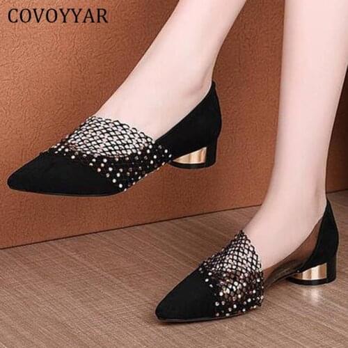 COVOYYAR Crystal Women Shoes Block Heel Woman Pumps Slip on Spring Summer Pointed Toe Sex Gauze Lady Causal Shoes WHH205
