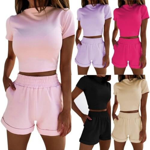 Slim Solid Color Crop Top And Shorts Two Piece Set Women 2021 Summer Casual Suit Short-Sleeved High-Waist Cropped Shorts Suit
