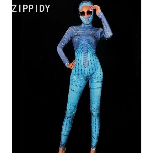 Fashion Sparkly Blue Crystals Stretch Jumpsuit Womens Dance Party Show Bodysuit Rhinestones Outfit Nightclub DJ Clothes