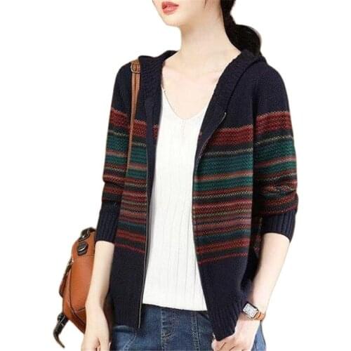 Women Autumn Sweater 2021 New Female Long Sleeve knitting Cardigan Femme Stripe Color Contrast Loose Coat Women Hooded Jacket B