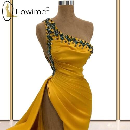 Yellow One Shoulder Mermaid Evening Dresses 2021 Beaded Crystals Sexy Backless Prom Party Gowns with High Split
