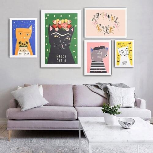 Abstract Frida Catlo Painting Pablo Cat Print on Canvas Posters Picatso Dancing Van Gogh Cats Wall Picture For Living Room Decor