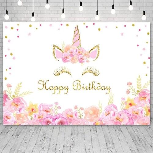 Avezano Birthday Backdrops Pink Unicorn Flowers Golden Dots Decor Girl Banners Photographic Backgrounds Photo Studio Photophone