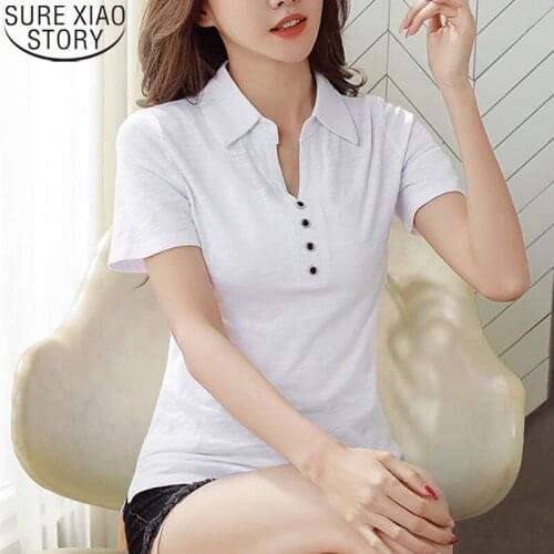Summer Tees Spring Women Short Sleeve Tshirt Cotton Summer T-shirt Polo Shirts Fashion Tops Bottoming Shirt Button Blusas 13590