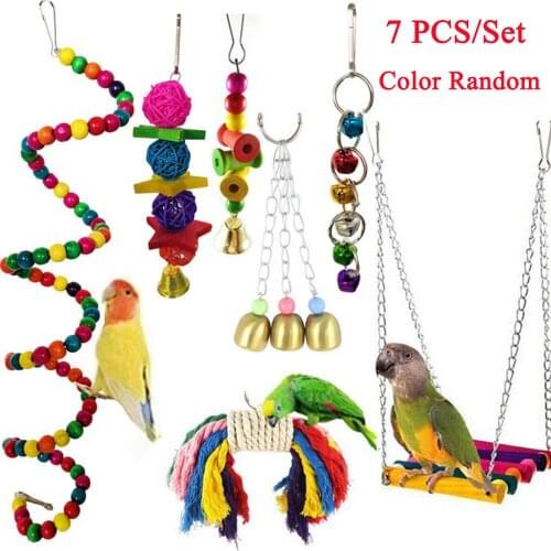Parrot Birds Toy Kit 7PCS/Set Cute Swing Hanging Bells Wooden Bridge Accessories Bird Toy Standing Training Pet Jouet Perroquet