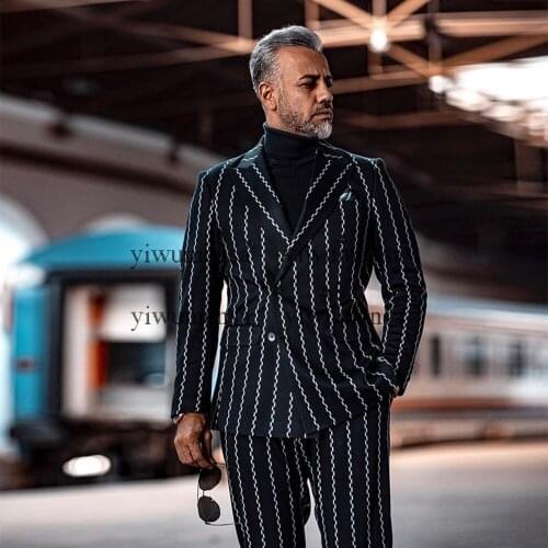 Striped Slim Fit Formal Wedding Groom Blazer Men Suits Smoking Working Wear 2 Pieces Set Jacket&Pants Custom Made Woolen Coat