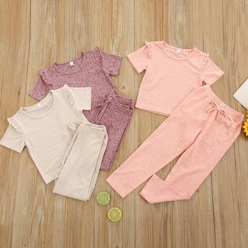 Summer Baby Girls Knitted 2Pcs Set Toddler Ruffle Short Sleeve Tops + Elastic Waist Pants Children Infant Kids Sleepwear Clothes