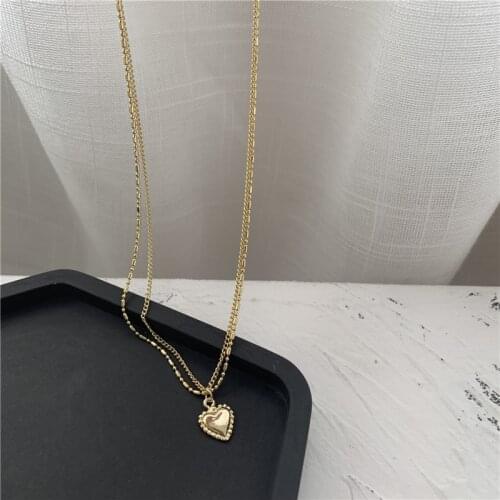 Minimalist Gold Color Metal Heart Pendant Necklaces for Women Girls Alloy Double Layed Beads Chain Chokers Necklace Accessories
