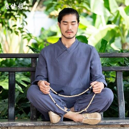 Men Tai Chi Kungfu Meditation Uniforms Linen Long Sleeve Loose Yoga Shirt Pant Bloomers Male Casual Yoga Exercise Set Activewear