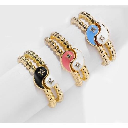 2pcs Vintage Colorful Enamel Crystal Tai Chi Yin Yang Rings Set for Women Trendy Beaded Chain Gold Ring Couple Jewelry Gifts