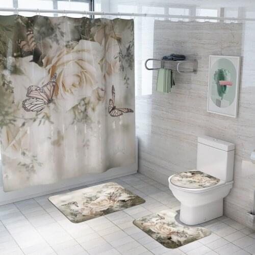 Daisy Flower Shower Curtain Set Bath Mat Bathroom Waterproof Curtain Rose Butterfly Toilet Bath Mats Rug Bathroom Curtain Set