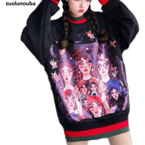 2020 Autumn And Winter New Round Neck Ladies Pullover Cartoon Comic Print Plus Velvet Comfortable And Warm Mid-length Women Tops