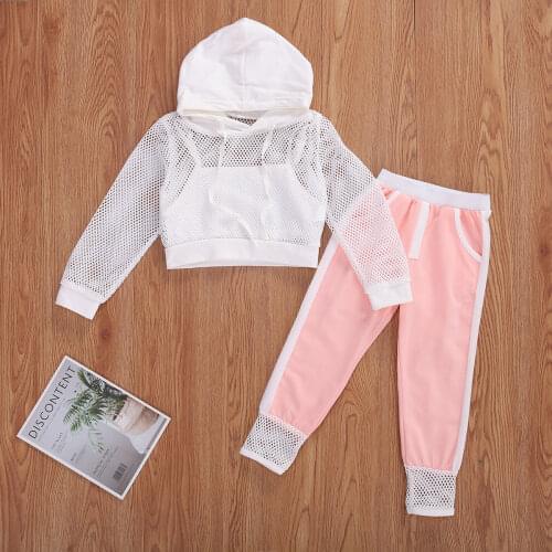 Autumn 2-7Y Fashion Kids Baby Girls Clothes Sets 3pcs Mesh Net Long Sleeve Hooded Tops+Vest+Solid Pants Spring Set